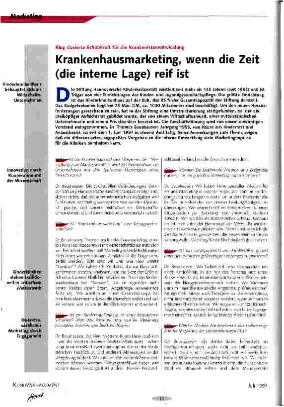 Vorschauseite 1: Krankenhausmarketing, wenn die Zeit (die interne Lage) reif ist Klug dosierte Schubkraft für die Krankenhausentwicklung