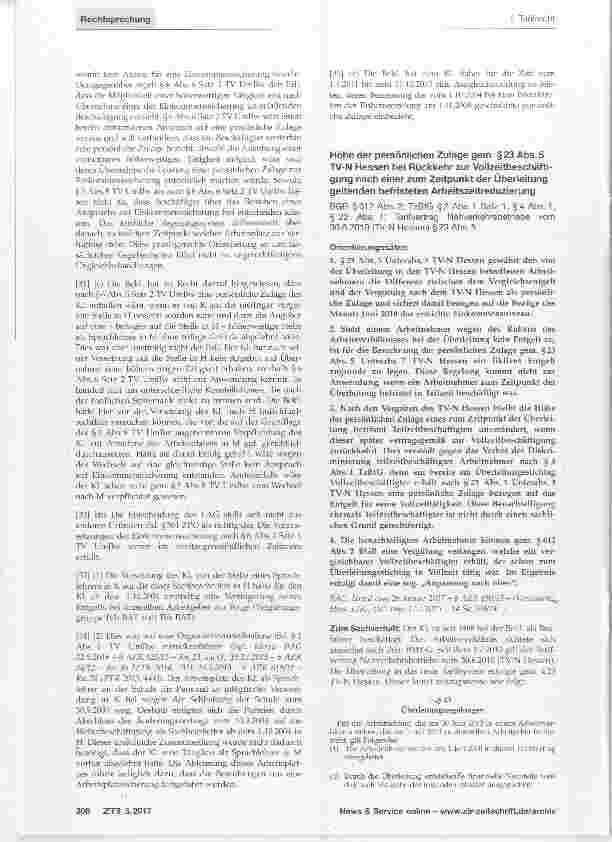 Vorschauseite 1: Höhe der persönlichen Zulage gern. §23 Abs. 5 TV-N Hessen bei Rückkehr zur Vollzeitbeschäftigung nach einer zum Zeitpunkt der Überleitung geltenden befristeten Arbeitszeitreduzier…