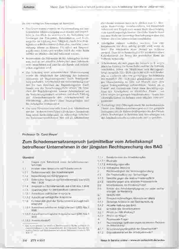 Vorschauseite 1: Zum Schadensersatzanspruch (un)mittelbar vom Arbeitskampf betroffener Unternehmen in der jüngsten Rechtsprechung des BAG