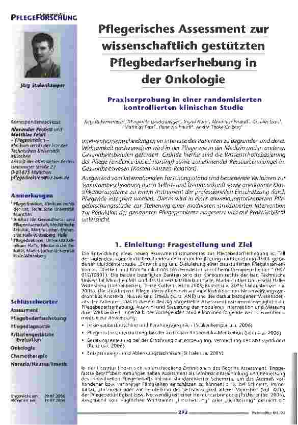 Vorschauseite 1: Pflegerisches Assessment zur wissenschaftlich gestütztenPflegbedarfserhebung in der Onkologie