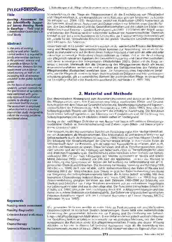 Vorschauseite 2: Pflegerisches Assessment zur wissenschaftlich gestütztenPflegbedarfserhebung in der Onkologie