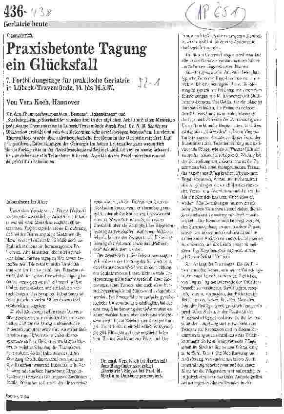 Vorschauseite 1: Praxisbezogene Tagung ein Glücksfall / 7. Fortbildungstage für praktische Geriatrie in Lübeck