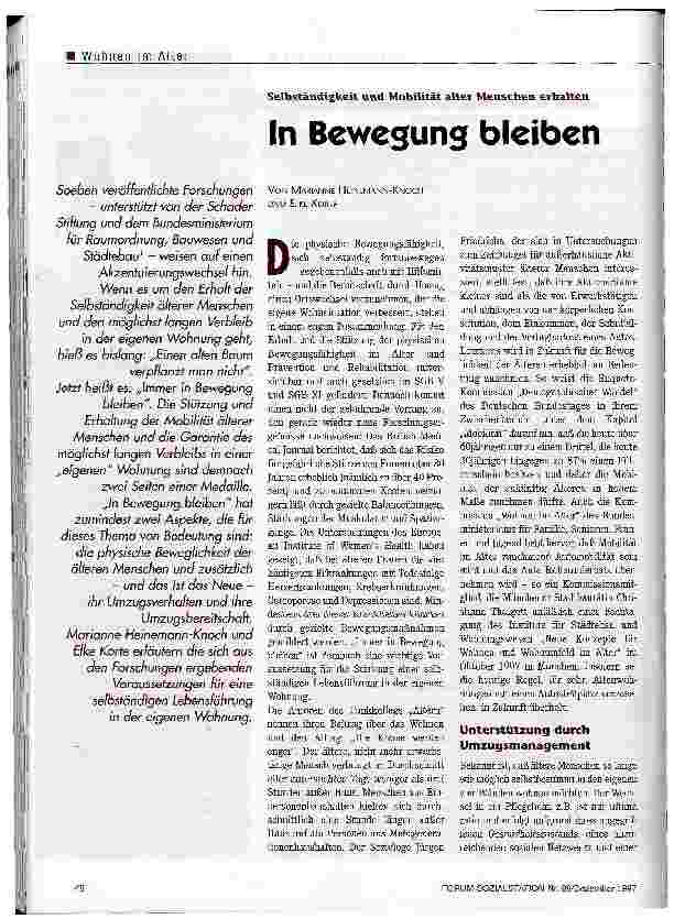 Vorschauseite 1: In Bewegung bleiben Selbständigkeit und Mobilität alter Menschen erhalten