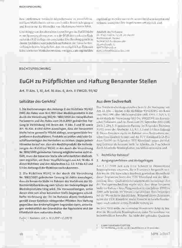 Vorschauseite 1: EuGH zu Prüfpflichten und Haftung Benannterstellen