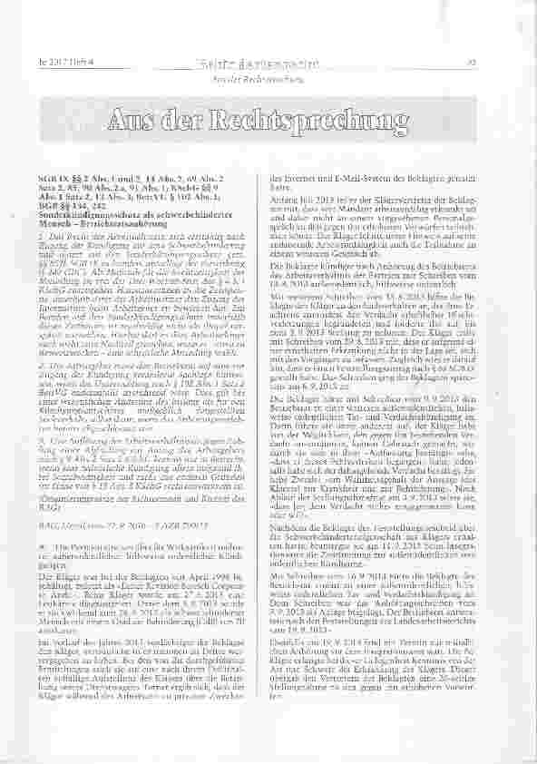 Vorschauseite 1: Sonderkündigungsschutz als schwerbehinderter Mensch Betriebsratsanhörung