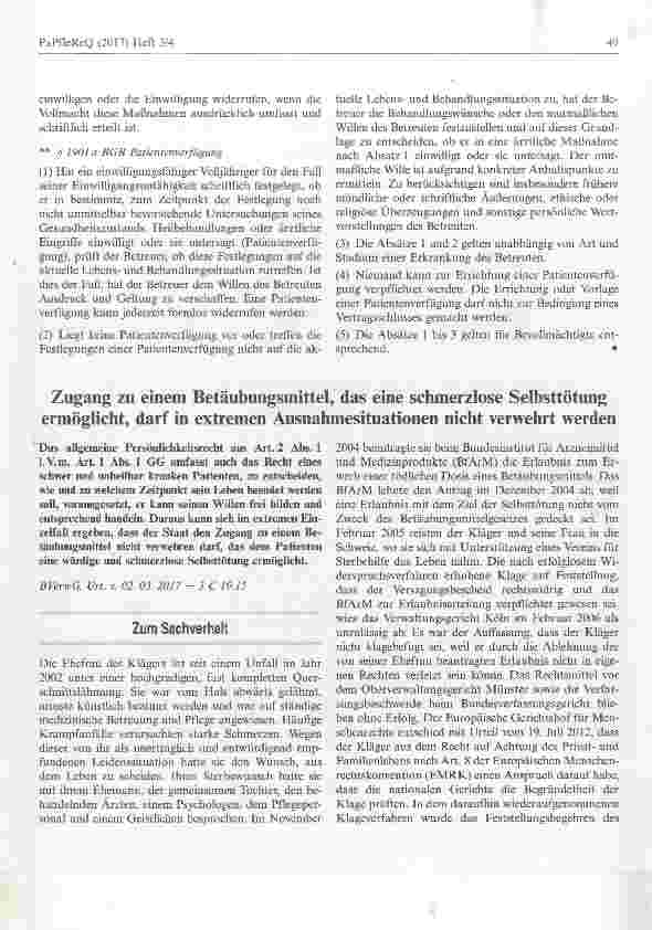 Vorschauseite 1: Zugang zu einem Betäubungsmittel, das eine schmerzlose Selbsttötung ermöglicht, darf in extremen Ausnahmesituationen nicht verwehrt werden