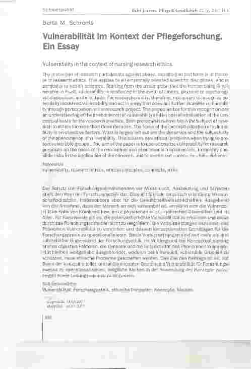 Vorschauseite 1: Vulnerabilität im Kontext der Pflegeforschung. Ein Essay