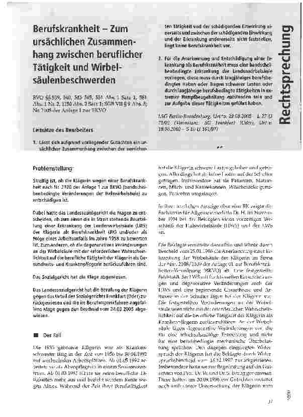 Vorschauseite 1: Berufskrankheit - Zum ursächlichen Zusammenhang zwischen beruflicher Tätigkeit und Wirbelsäulenbeschwerden