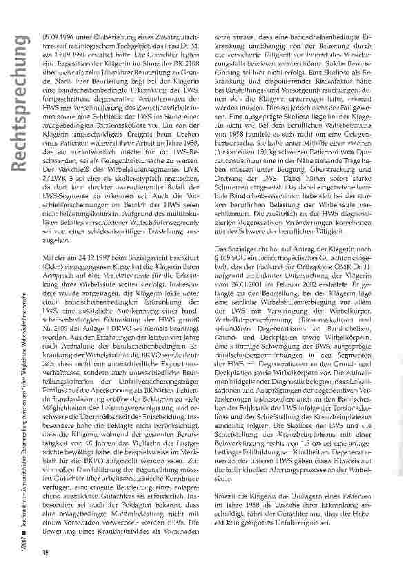 Vorschauseite 2: Berufskrankheit - Zum ursächlichen Zusammenhang zwischen beruflicher Tätigkeit und Wirbelsäulenbeschwerden