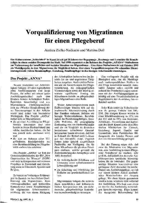Vorschauseite 1: Vorqualifizierung von Migrantinnen für einen Pflegeberuf