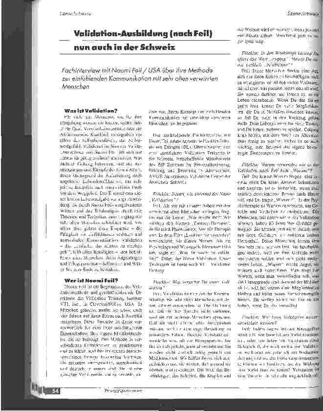 Vorschauseite 1: Validation-Ausbildung (nach Feil) nun auch in der Schweiz
