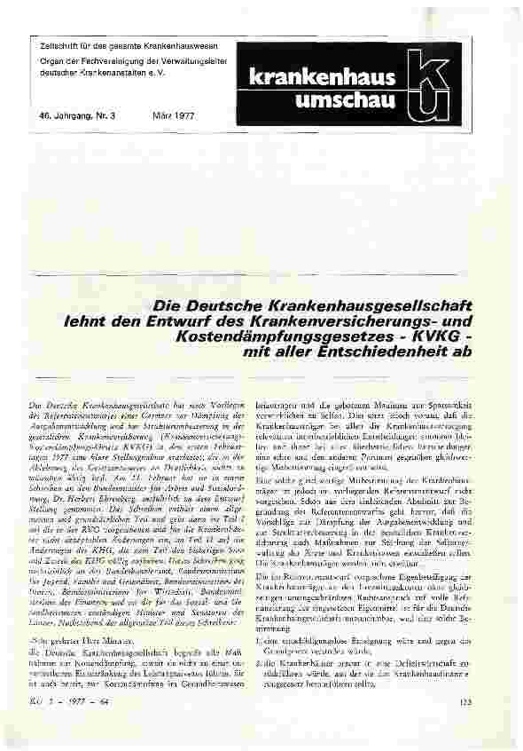 Vorschauseite 1: Die Deutsche Krankenhausgesellschaft lehnt den Entwurf des KrankenversicherungsundKostendämpfungsgesetzes - KVKG -mit aller Entschiedenheit ab