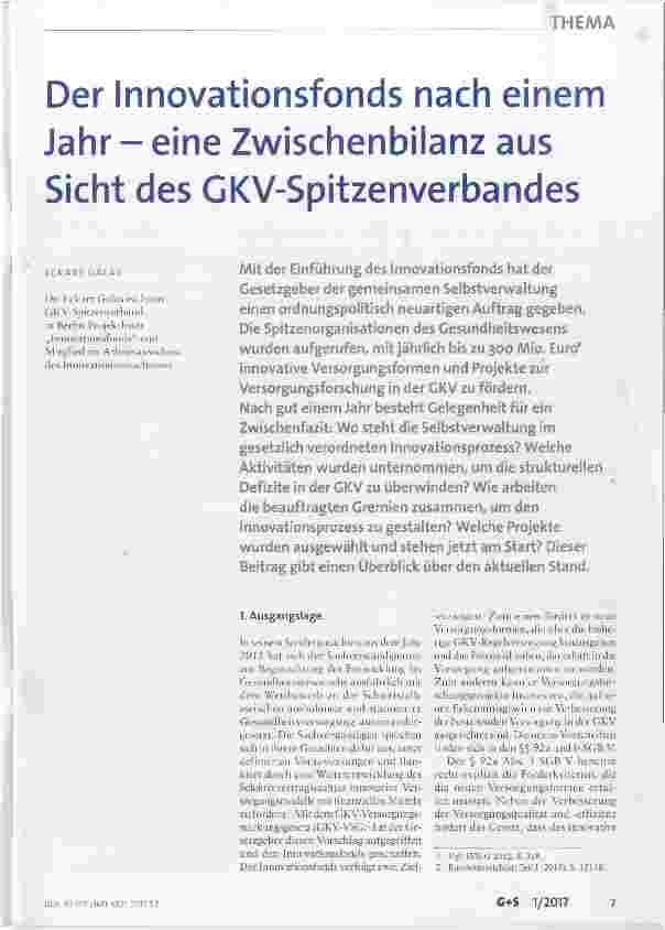 Vorschauseite 1: Der Innovationsfonds nach einem Jahr eine Zwischenbilanz aus Sicht des GKV-Spitzenverbandes