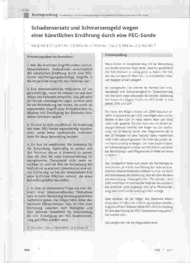 Vorschauseite 1: Schadensersatz und Schmerzensgeld wegen einer künstlichen Ernährung durch eine PEG-Sonde