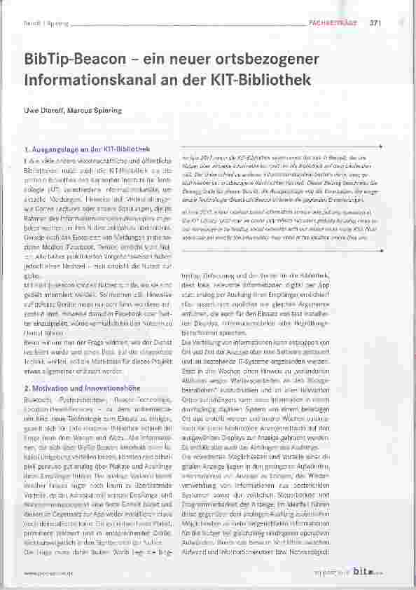 Vorschauseite 1: BibTip-Beacon - ein neuer ortsbezogener Informationskanal an der KIT-Bibliothek