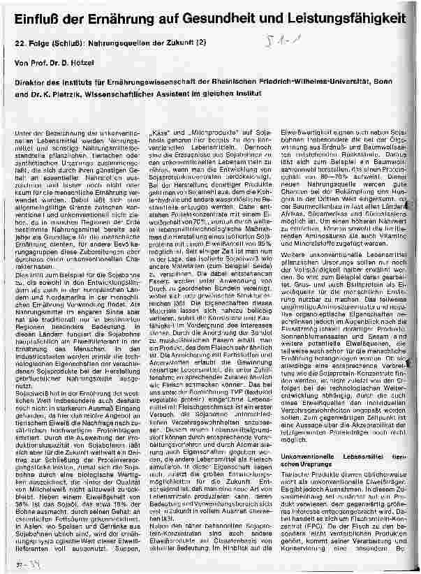 Vorschauseite 1: Einfluß der Ernährung auf Gesundheit und Leistungsfähigkeit 22. Folge: (Schluß) Nahrungsquellen der Zukunft