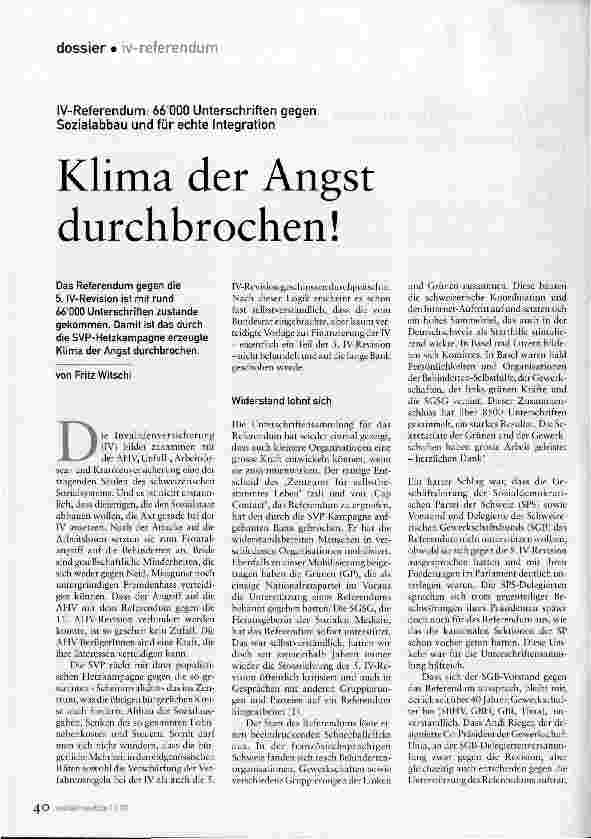 Vorschauseite 1: IV-Referendum: 66000 Unterschriften gegen Sozialabbau und für echte Integration - Klima der Angst durchbrochen!
