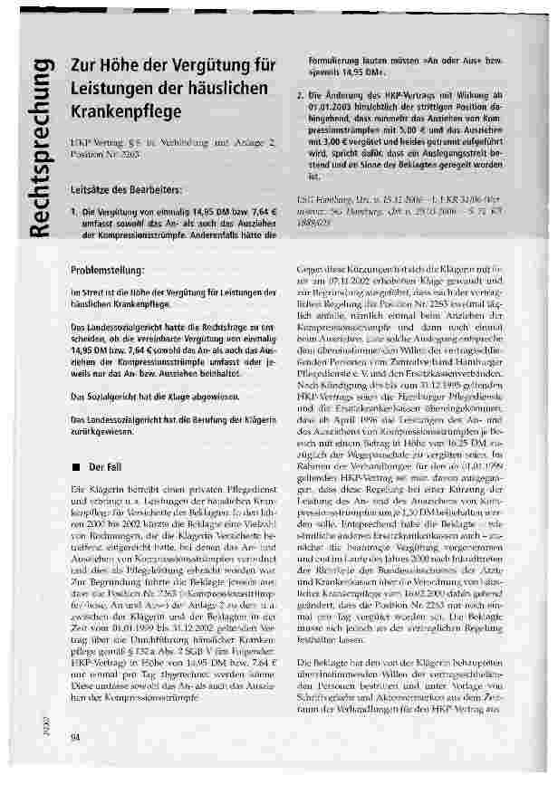 Vorschauseite 1: Zur Höhe der Vergütung für Leistungen der häuslichen Krankenpflege