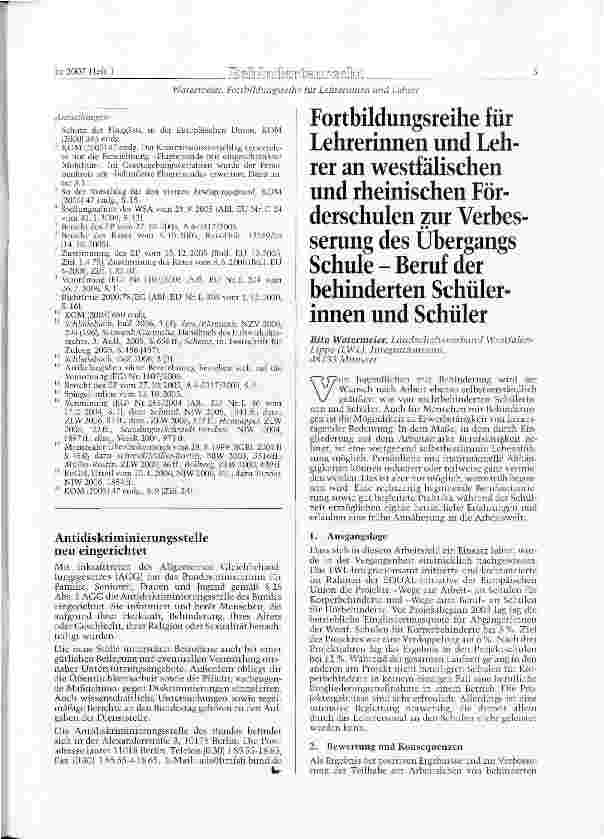 Vorschauseite 1: Fortbildungsreihe für Lehrerinnen und Lehrer an westfälischen und rheinischen Förderschulen zur Verbesserung des Übergangs Schule - Beruf der behinderten Schülerinnen und Schüler