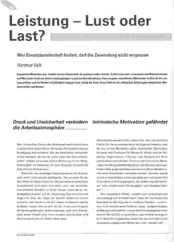 Vorschauseite 1: Leistung - Lust oder Last? Wer Einsatzbereitschaft fordert, darf die Zuwendung nicht vergessen