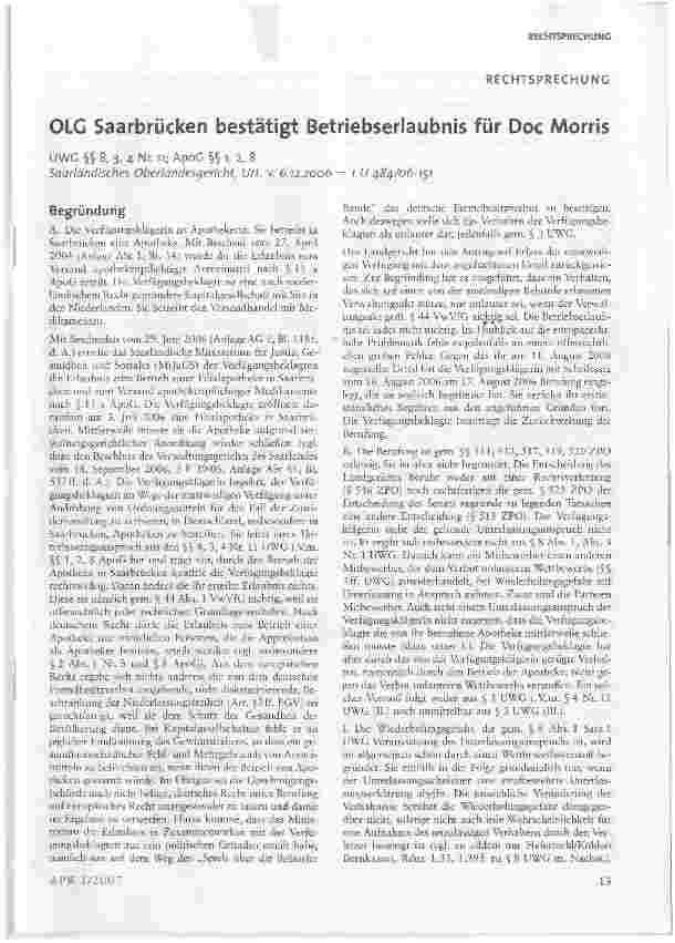 Vorschauseite 1: OLG Saarbrücken bestätigt Betriebserlaubnis für Doc Morris