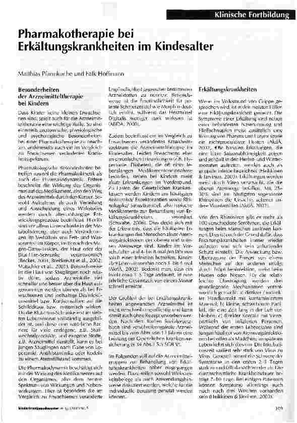 Vorschauseite 1: Pharmakotherapie bei Erkältungskrankheiten im Kindesalter