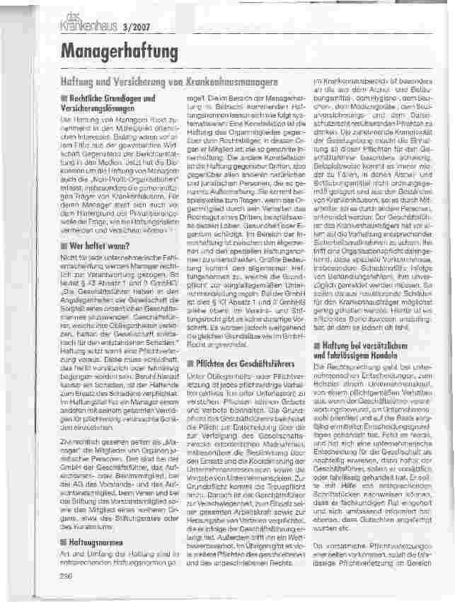 Vorschauseite 1: Haftung und Versicherung von Krankenhausmanagern