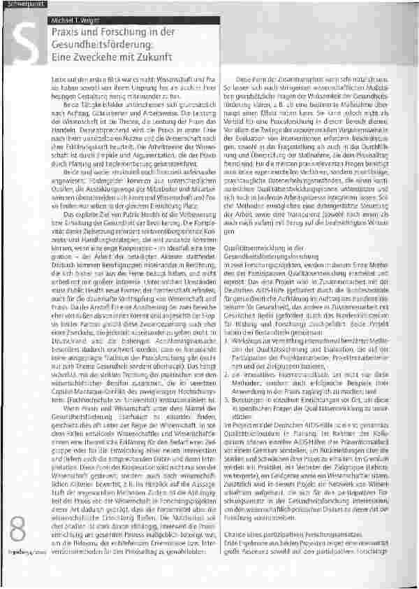 Vorschauseite 1: Praxis und Forschung in der Gesundheitsförderung: Eine Zweckehe mit Zukunft