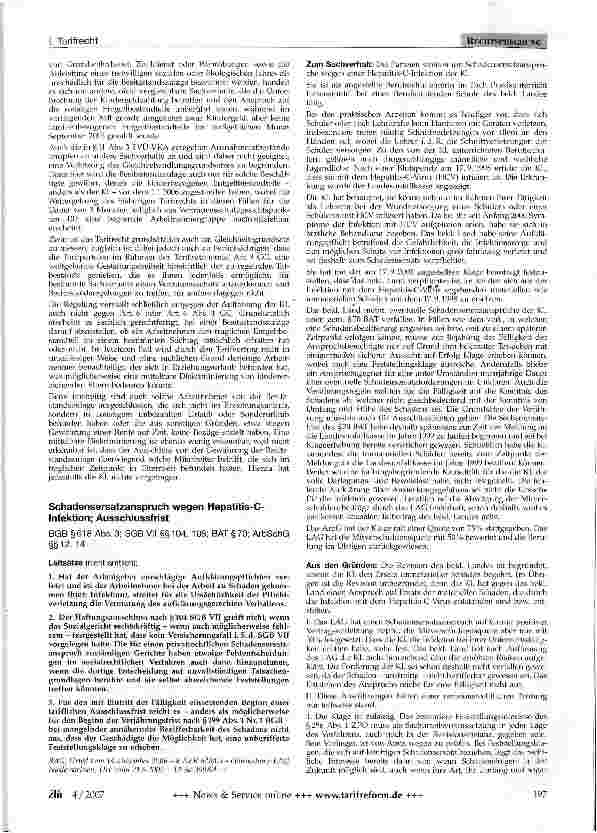 Vorschauseite 1: Schadensersatzanspruch wegen Hepatitis-C-Infektion; Ausschlussfrist
