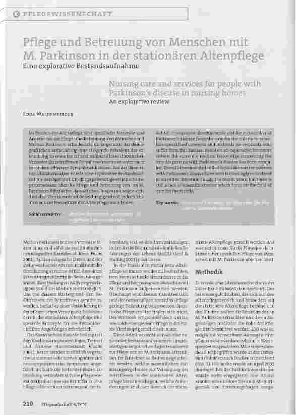 Vorschauseite 1: Pflege und Betreuung von Menschen mit M. Parkinson in der stationären Altenpflege - Eine explorative Bestandsaufnahme