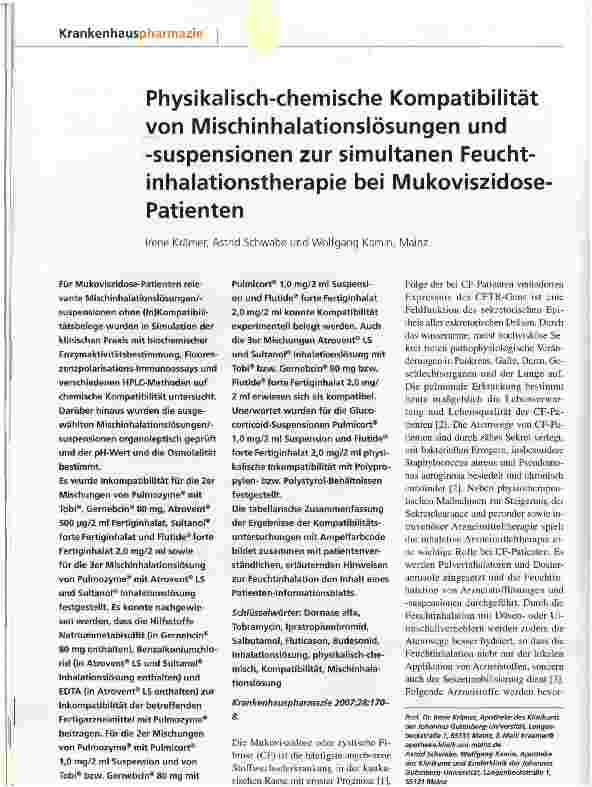 Vorschauseite 1: Physikalisch-chemische Kompatibilität von Mischinhalationslösungen und -Suspensionen zur simultanen Feuchtinhalationstherapie bei Mukoviszidose Patienten
