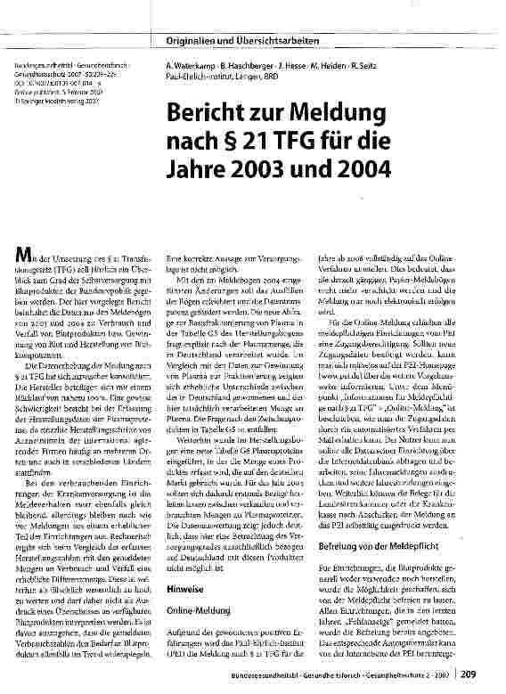 Vorschauseite 1: Bericht zur Meldung nach § 21TFG für die Jahre 2003 und 2004