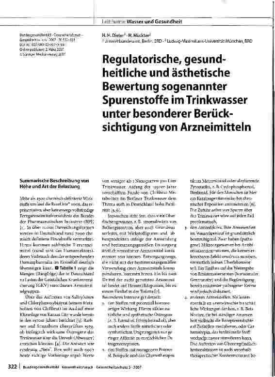 Vorschauseite 1: Regulatorische, gesundheitliche und ästhetische Bewertung sogenannter Spurenstoffe im Trinkwasser unter besonderer Berücksichtigung von Arzneimitteln