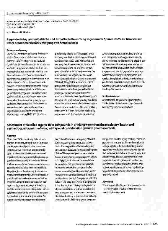 Vorschauseite 4: Regulatorische, gesundheitliche und ästhetische Bewertung sogenannter Spurenstoffe im Trinkwasser unter besonderer Berücksichtigung von Arzneimitteln