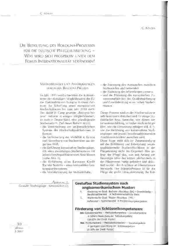 Vorschauseite 1: DIE BEDEUTUNG DES BOLOGNA-PROZESSES FÜR DIE DEUTSCHE PFLEGEAUSBILDUNG - WAS WIRD SICH PROSPEKTIV UNTER DEMFOKUS INTERNATIONALITÄT VERÄNDERN?