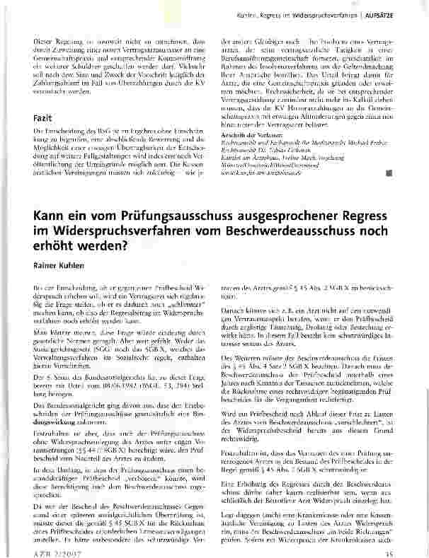 Vorschauseite 1: Kann ein vom Prüfungsausschuss ausgesprochener Regress im Widerspruchsverfahren vom Beschwerdeausschuss noch erhöht werden?