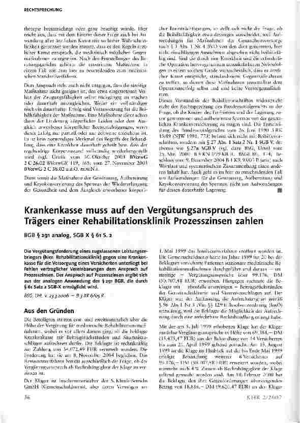 Vorschauseite 1: Krankenkasse muss auf den Vergütungsanspruch des Trägers einer Rehabilitationsklinik Prozesszinsen zahlen