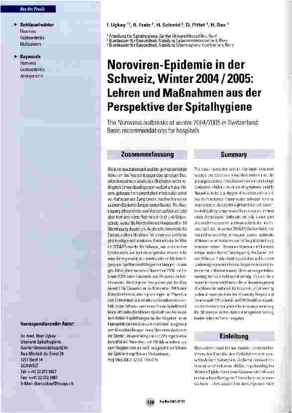 Vorschauseite 1: Noroviren-Epidemie in der Schweiz, Winter 2004 / 2005: Lehren und Maßnahmen aus der Perspektive der Spitalhygiene