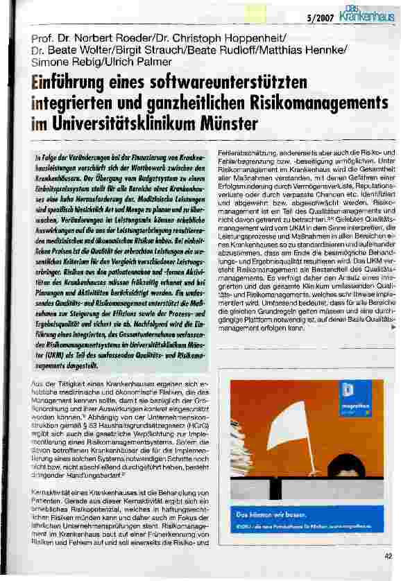 Vorschauseite 1: Einführung eines softwareunterstützten integrierten und ganzheitlichen Risikomanagements im Universitätsklinikum Münster
