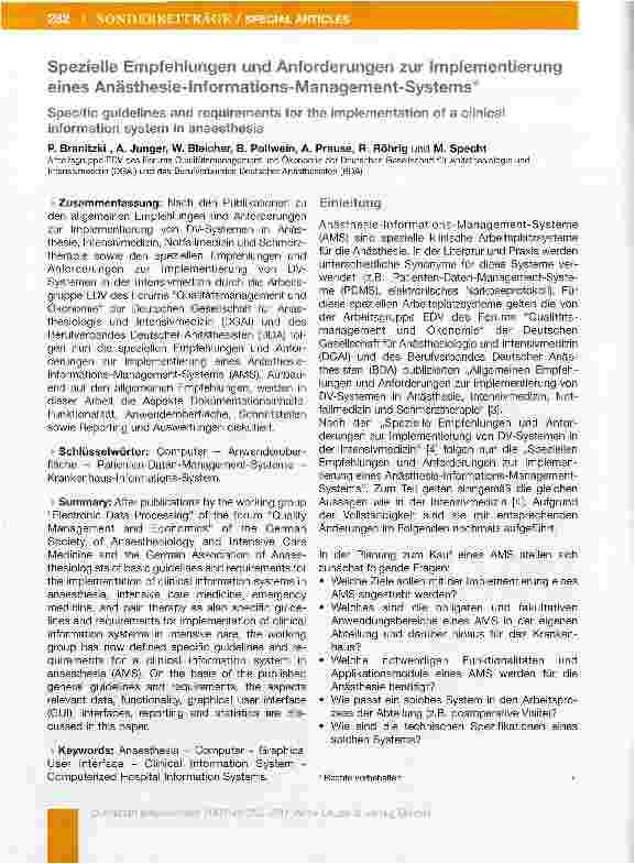 Vorschauseite 1: Spezielle Empfehlungen und Anforderungen zur Implementierung eines Anästhesie-Informations-Management-Systems*