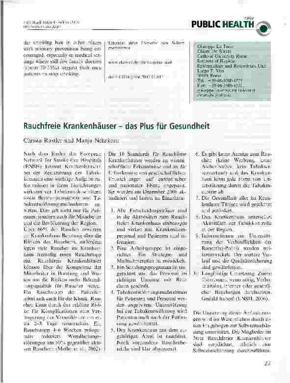 Vorschauseite 1: Rauchfreie Krankenhäuser - das Plus für Gesundheit