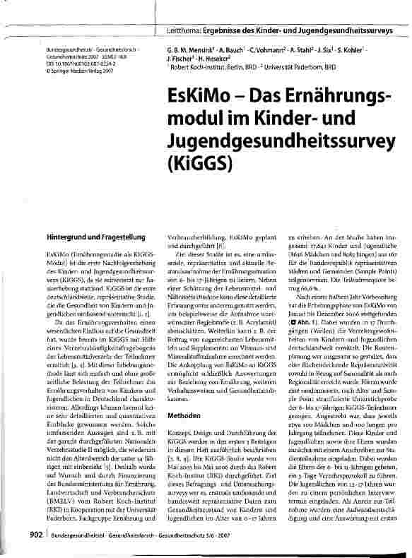 Vorschauseite 1: EsKiMo - Das Ernährungsmodul im Kinderund Jugendgesundheitssurvey (KiGGS)