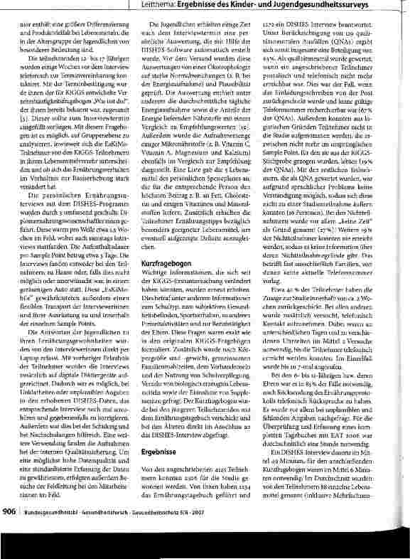 Vorschauseite 5: EsKiMo - Das Ernährungsmodul im Kinderund Jugendgesundheitssurvey (KiGGS)