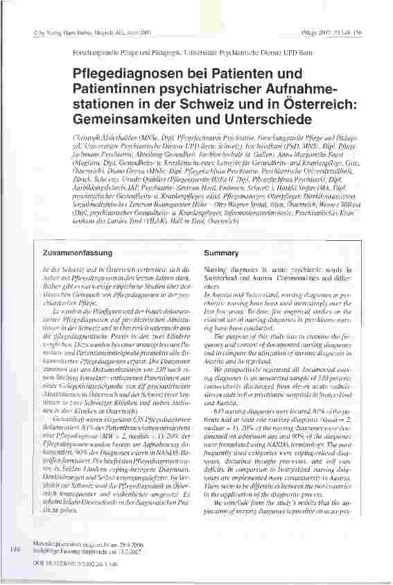 Vorschauseite 1: Pflegediagnosen bei Patienten und Patientinnen psychiatrischer Aufnahmestationen in der Schweiz und in Österreich: Gemeinsamkeiten und Unterschiede