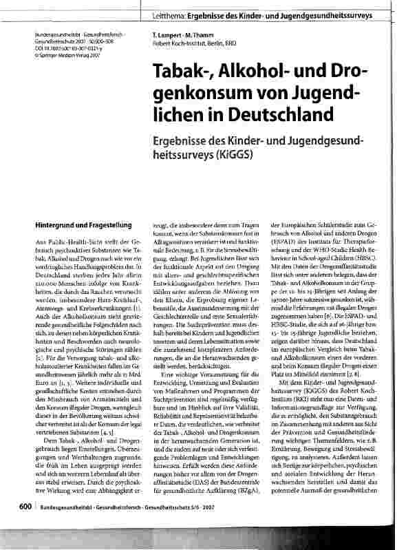 Vorschauseite 1: Tabak-, Alkoholund Drogenkonsum von Jugendlichen in Deutschland