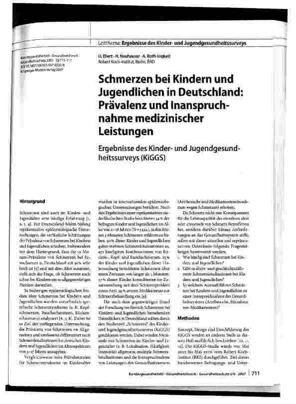 Vorschauseite 1: Schmerzen bei Kindern und Jugendlichen in Deutschland: Prävalenz und Inanspruchnahme medizinischer Leistungen