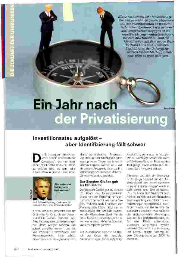 Vorschauseite 1: Ein Jahr nach der Privatisierung
