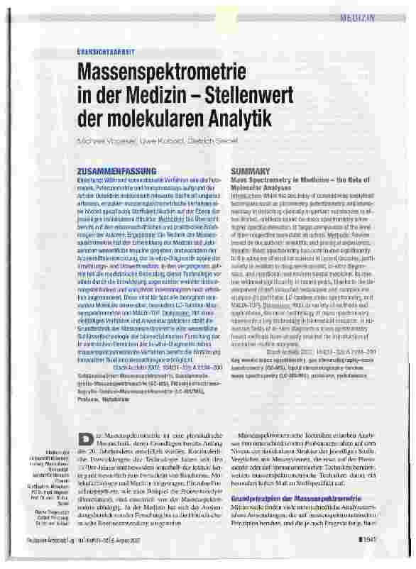 Vorschauseite 1: Massenspektrometrie in der Medizin - Stellenwert der molekularen Analytik