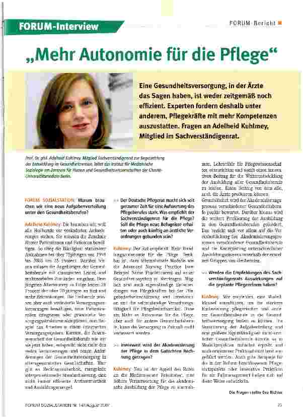 Vorschauseite 1: Mehr Autonomie für die Pflege