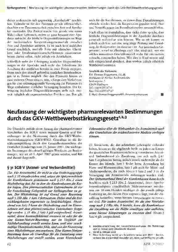 Vorschauseite 1: Neufassung der wichtigsten pharmarelevanten Bestimmungen durch das GKV-Wettbewerbsstärkungsgesetz
